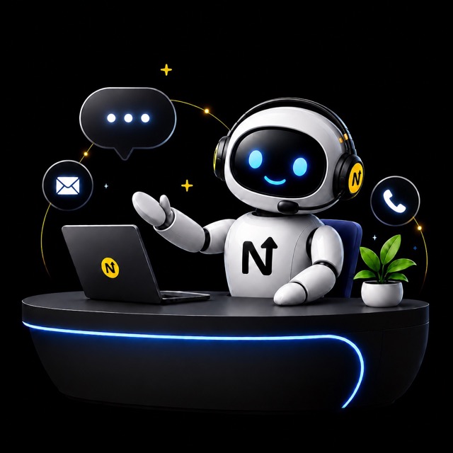 NextBrand support mascot at a desk with chat, email and phone icons