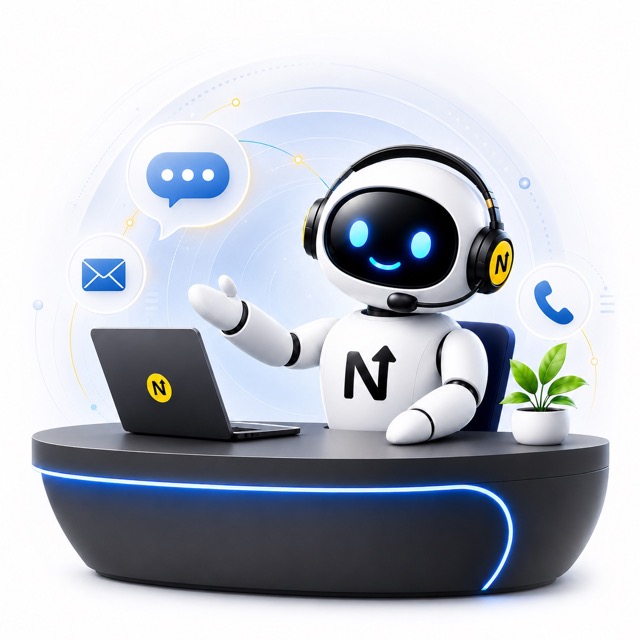 NextBrand support mascot at a desk with chat, email and phone icons
