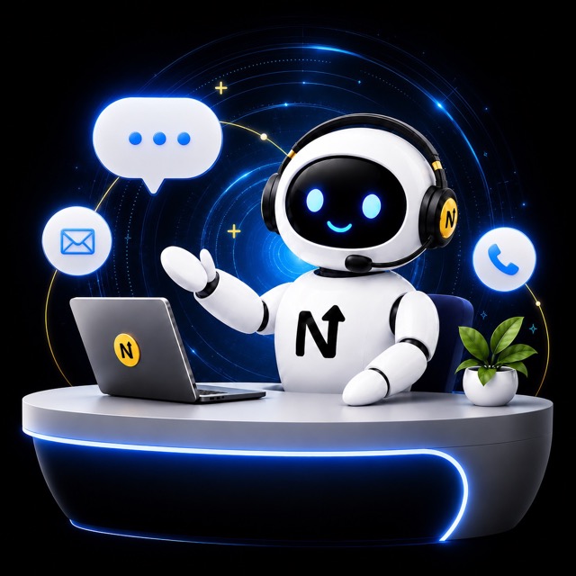 NextBrand support mascot at a desk with chat, email and phone icons