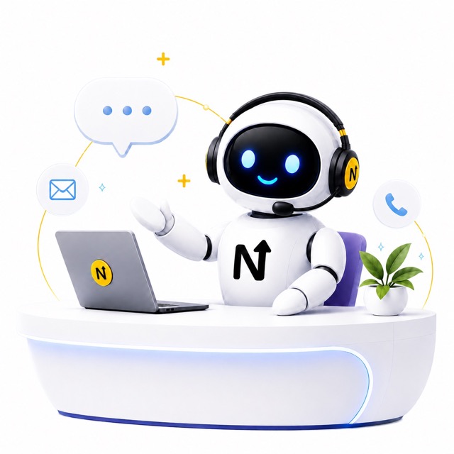 NextBrand support mascot at a desk with chat, email and phone icons